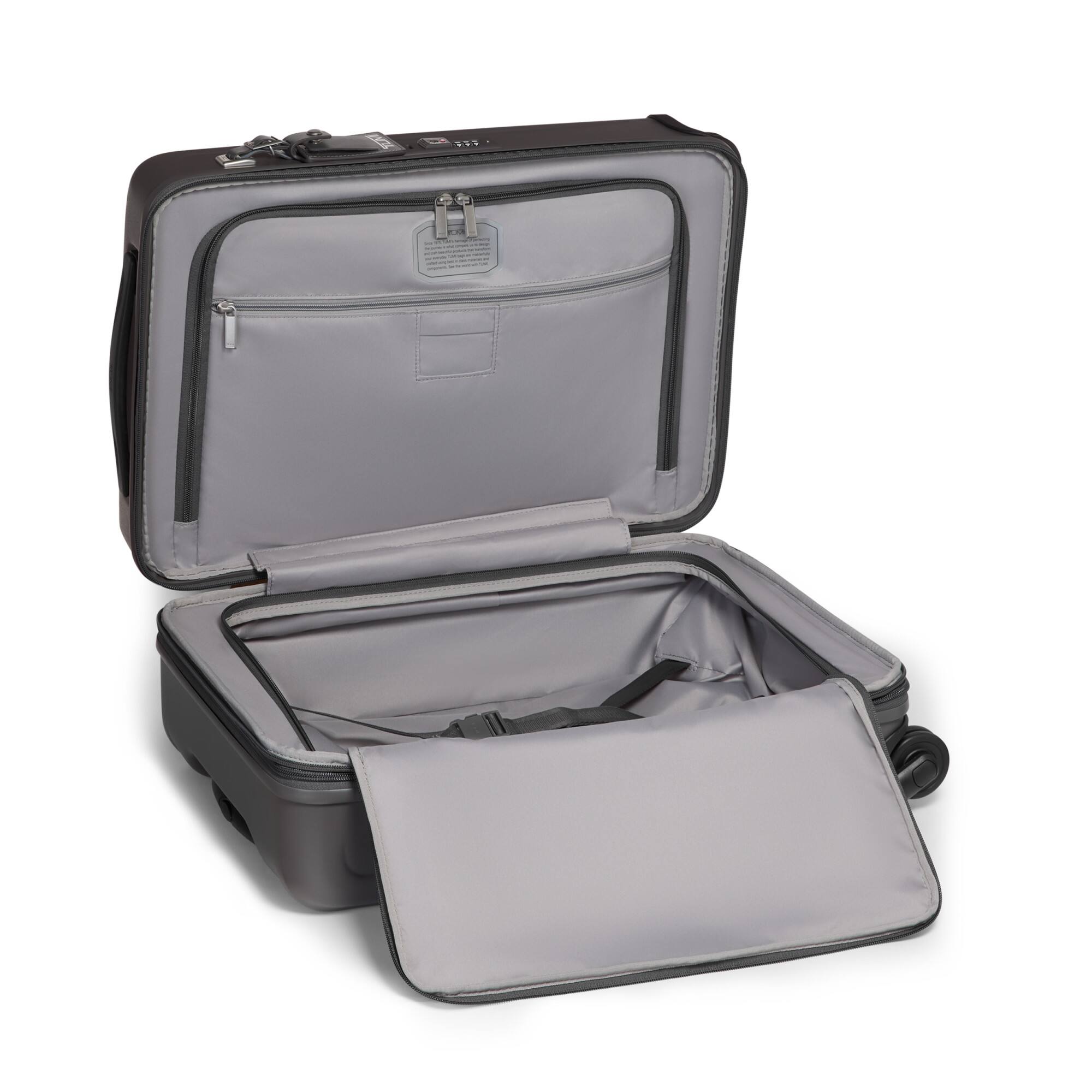 Angle. TUMI - Ventra Expandable Carry-On Spinner Suitcase - Castle Rock Texture.