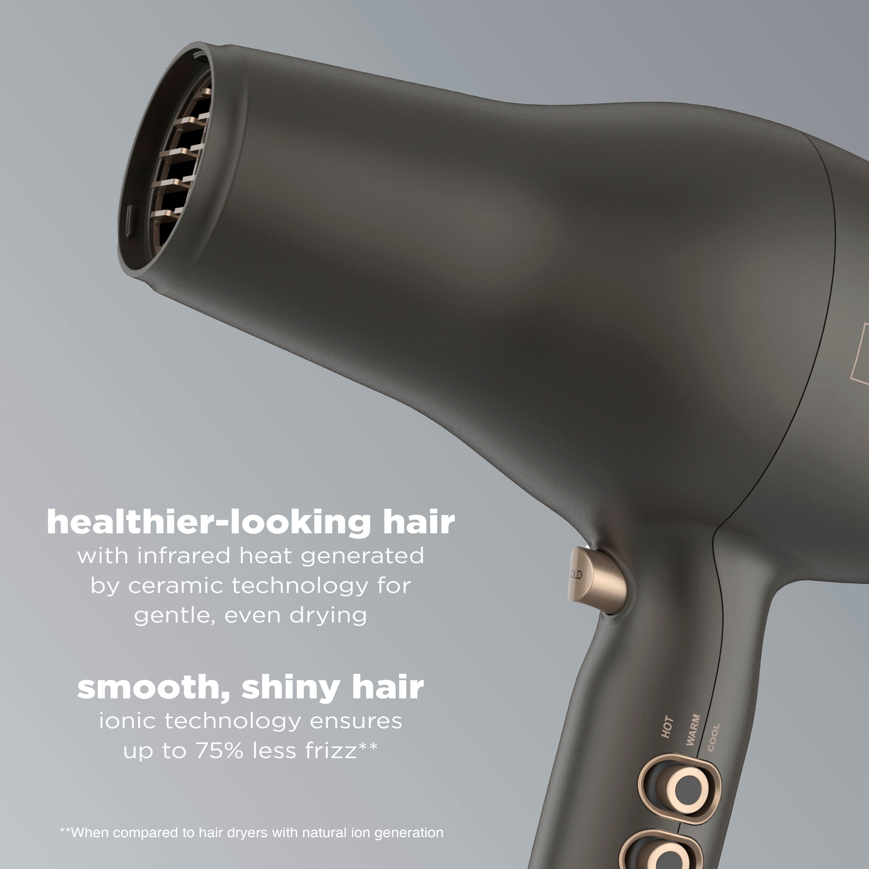 The text on the image is grouped and corrected as follows:
"Healthier-looking hair with infrared heat generated by ceramic technology for gentle, even drying. Smooth, shiny hair ionic technology ensures up to 75% less frizz. HOT WARM COOL. When compared to hair dryers with natural ion generation."
