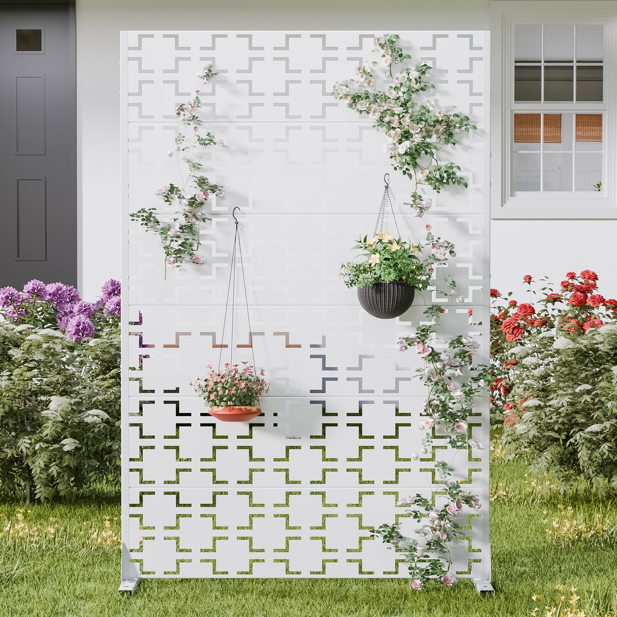Alt View 1. PexFix - 72 in. x 47 in. Square Pattern Metal Outdoor Privacy Screen & Panels, Freestanding Garden Divider Fence - White.