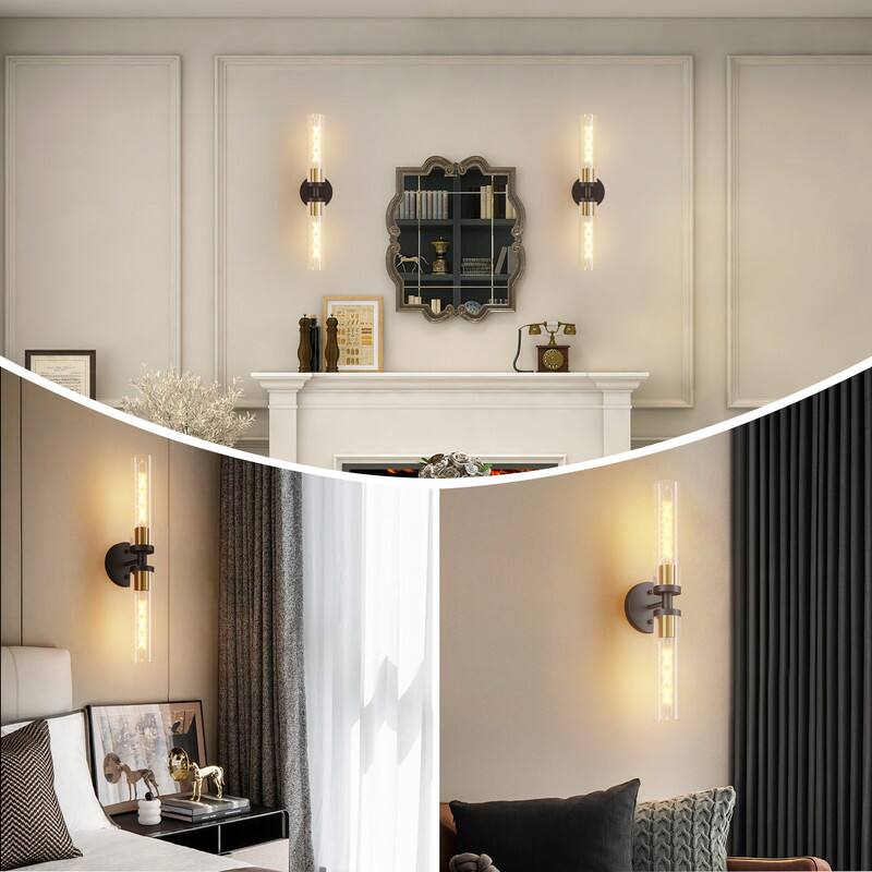 Back. Adewalk - 22" Black Hardwired 2‑Pack Wall Sconces, Clear Glass Shade Modern Lights for Bathroom, Bedroom, Hallway & Living Room - Black.