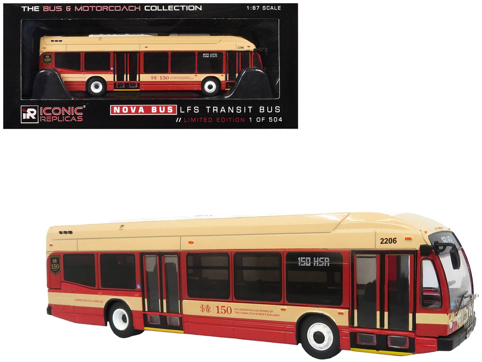 Iconic Replicas - Nova Bus LFS HEV Transit Bus Hamilton Street Railway 150th Anniversary Cream Red 1/87 HO Bus Motorcoach Limited 504 pcs - Cream and Red