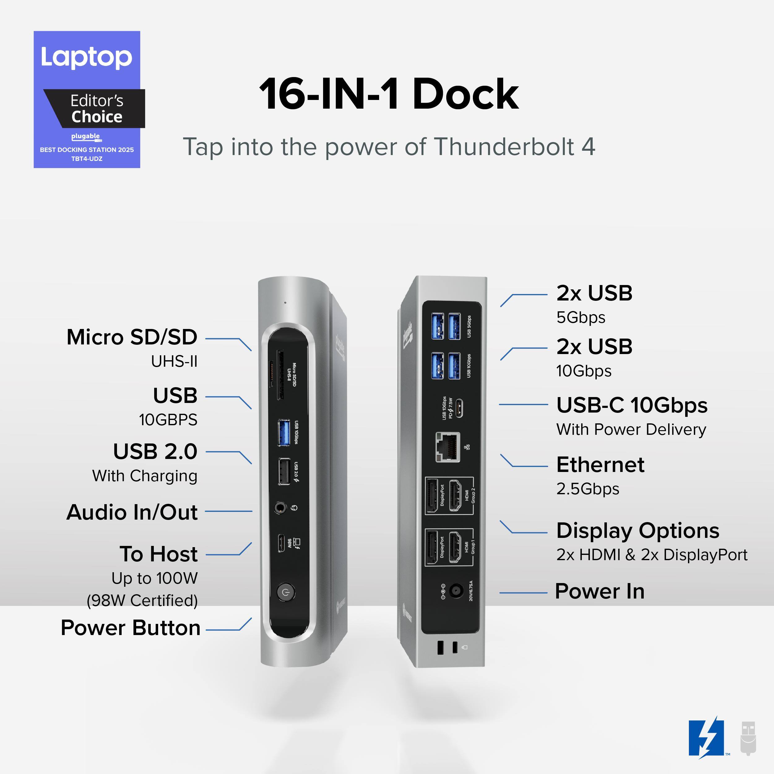 Plugable 16 in 1 Thunderbolt 4 Dock with 100W Charging, 4K Quad