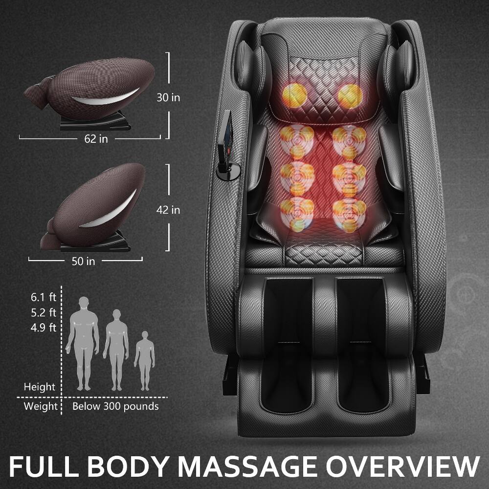 30 in  
62 in  
42 in  
50 in  
6.1 ft  
5.2 ft  
4.9 ft  
Height Weight Below 300 pounds  
FULL BODY MASSAGE OVERVIEW