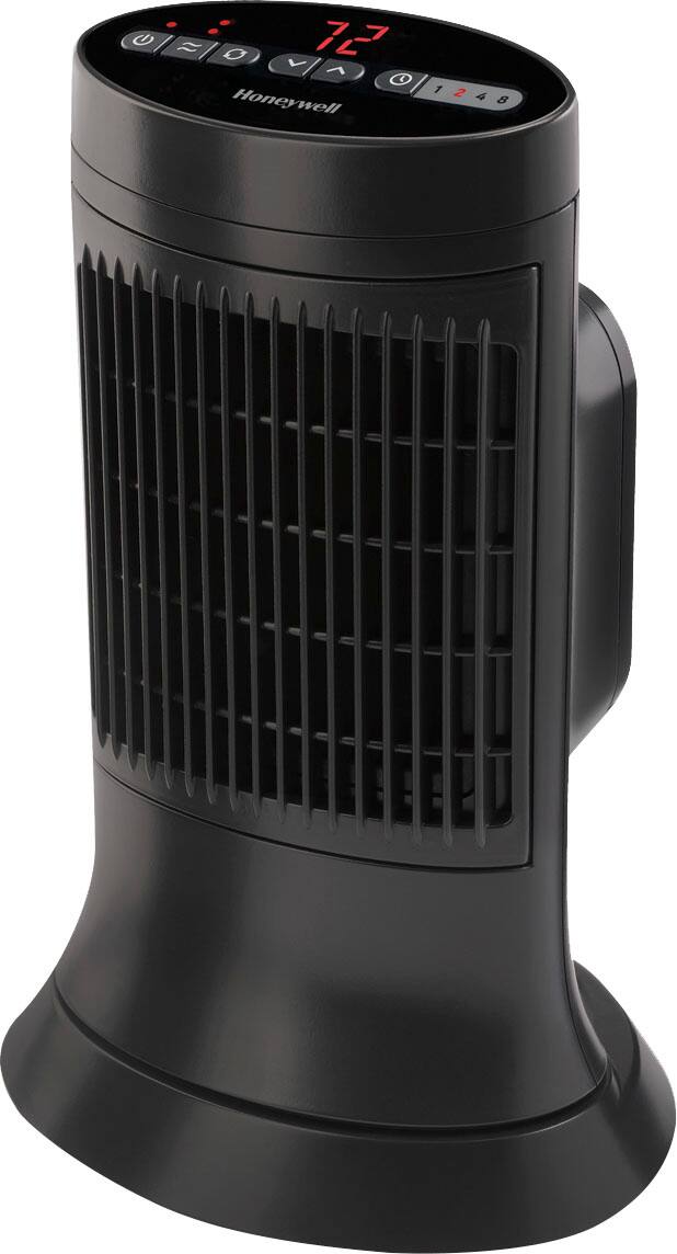 The image features a black fan with a digital display, which shows the temperature as 72 degrees Fahrenheit. The fan is designed to provide cooling and comfort in a room.