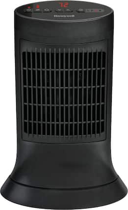 The image features a black space heater with a digital display showing the temperature. The display reads "72" and the heater is turned on. The heater is designed to provide warmth and comfort during colder months.
