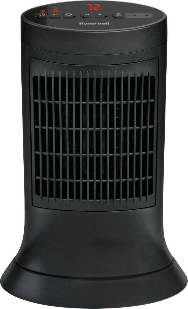 The image features a black space heater with a digital display showing the temperature. The display reads "72" and the heater is turned on. The heater is designed to provide warmth and comfort during colder months.