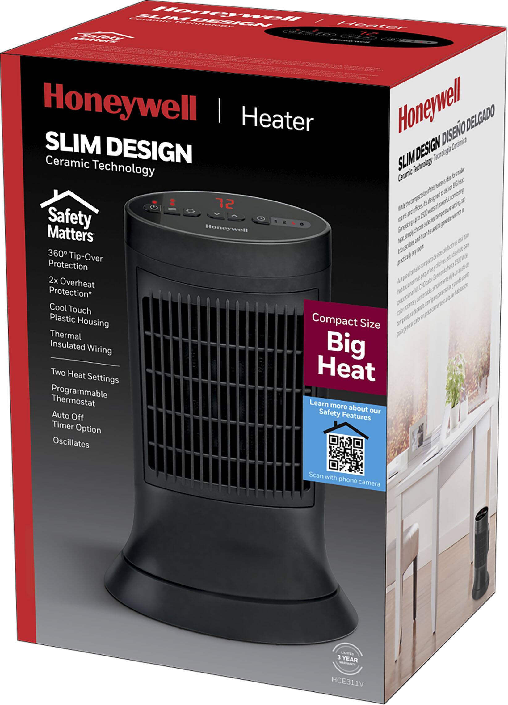 The image features a Honeywell heater in a box, showcasing its slim design and ceramic technology. The box emphasizes the safety features of the heater, including 360 tip-over protection, 2x overheat protection, cool touch plastic housing, thermal insulated wiring, and a programmable thermostat. The heater also has two heat settings and an auto off timer option. The compact size and big heat make it an ideal choice for heating needs. To learn more about the safety features, a QR code is provided on the box, which can be scanned with a phone.