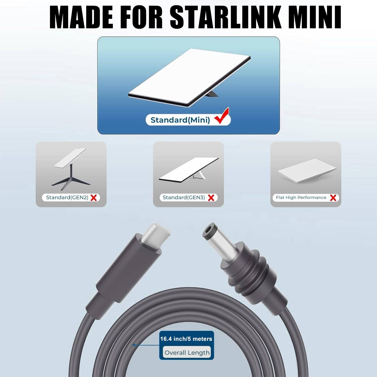 MADE FOR STARLINK MINI

Standard(Mini) ✓

Standard(GEN2) ✗

Standard(GEN3) ✗

Flat High Performance ✗

16.4 inch/5 meters Overall Length