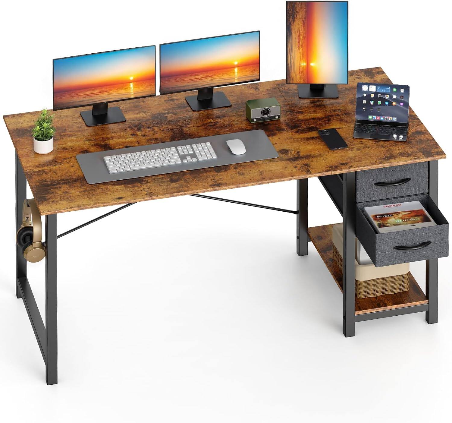Angle. Sweet - 47 Inch Computer Desk with Drawers, Side Hook, Writing Desk for Bedroom Home Office, Rust - Brown.