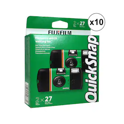Sure, here is the corrected and grouped text from the image:
---
**FUJIFILM**
**Moments worth waiting for.**
**One-Time Use Camera**
- Appareil photo à usage unique
- Cámara de un solo uso
- Einwegkamera
- Fotocamera monouso
**QuickSnap**
**2 x 27**
- Pack
- Paquet
- Pack
- Paquet
**Exp. Each**
- Poses Chacun
**x10**
---
This text is organized to reflect the information on the packaging.