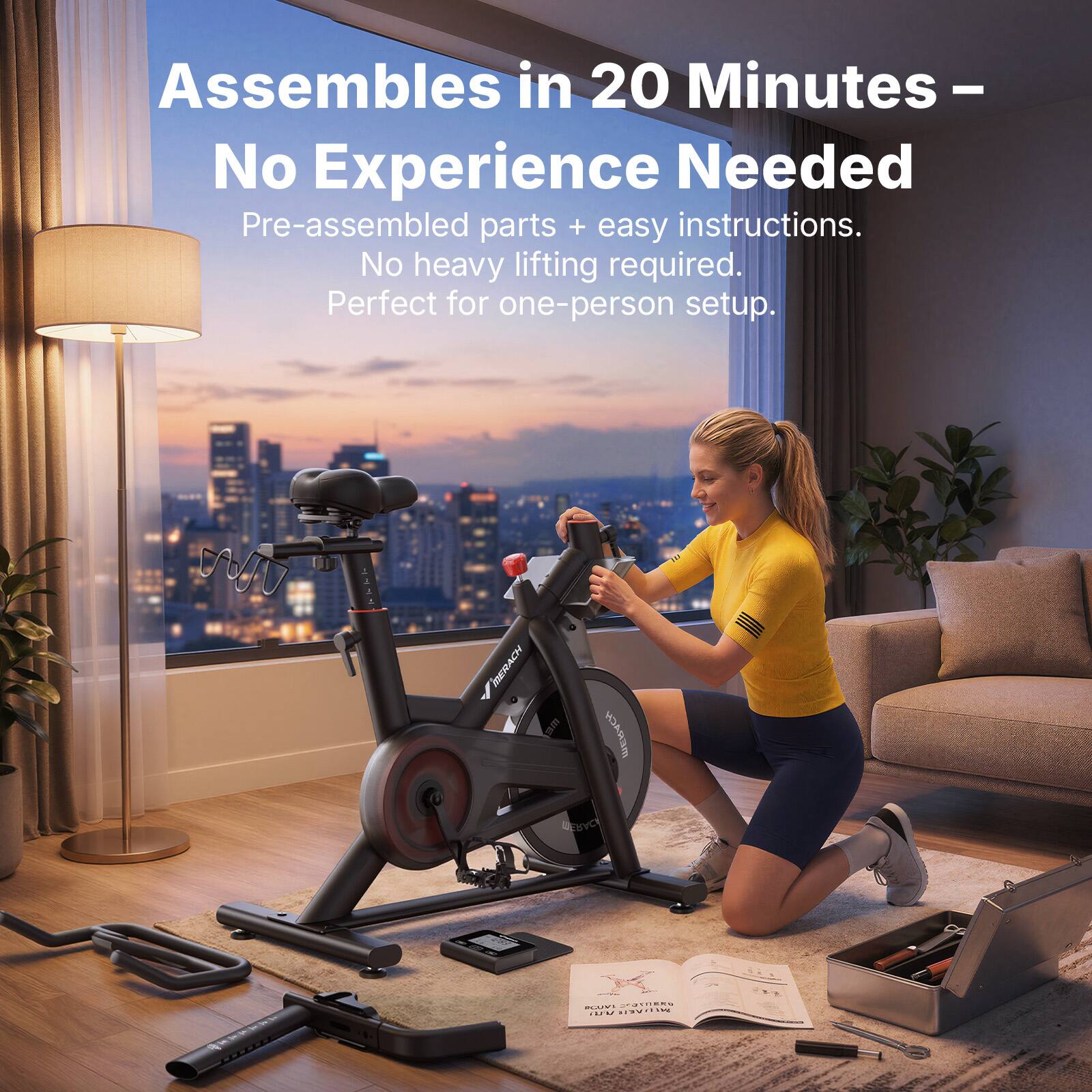 Assembles in 20 Minutes - No Experience Needed  
Pre-assembled parts + easy instructions.  
No heavy lifting required.  
Perfect for one-person setup.