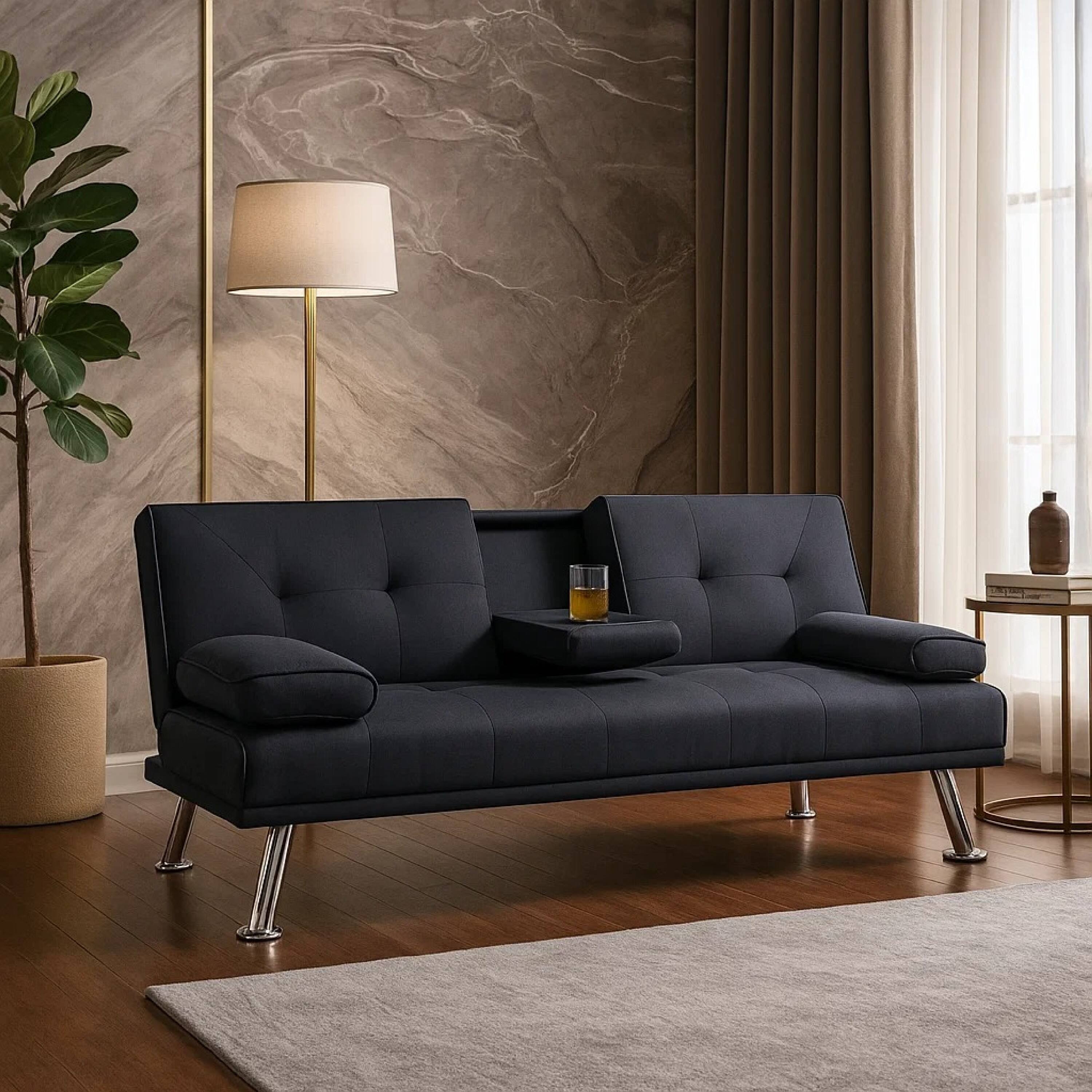 Alt View 6. Manhattan Lane - Gary Convertible Sofa with Fold-Down Table, Metal Legs, Fabric - Black, Chrome.