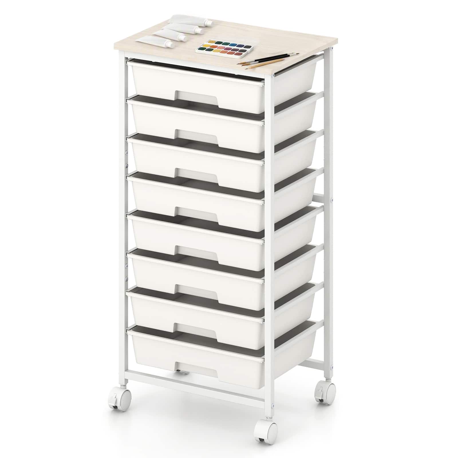 Costway - 8-Drawer Art & Craft Storage Cart, Storage Cart with 4 Universal Wheels, Metal Frame for Home 15"L - 15"L White