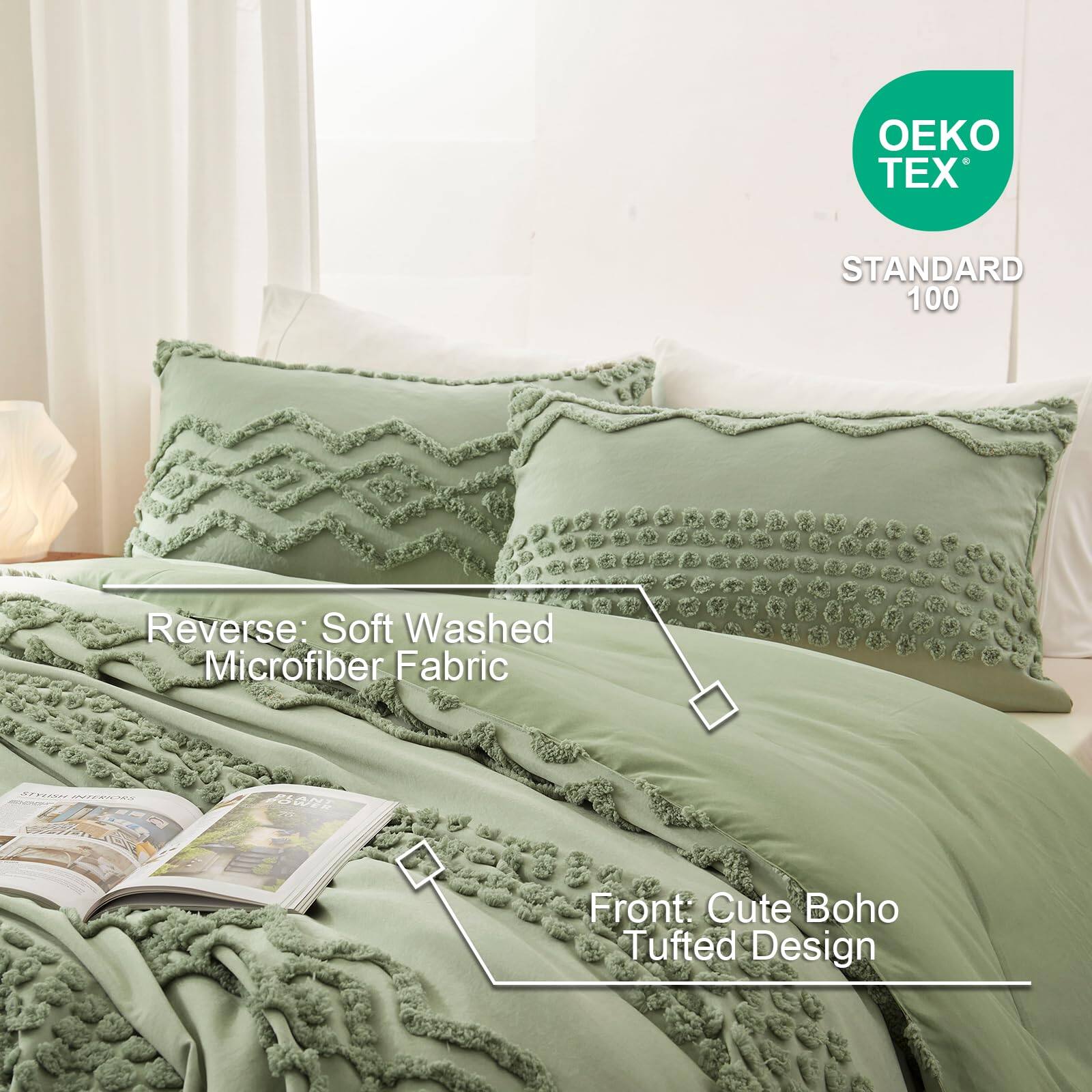 **Front:** Cute Boho Tufted Design

**Reverse:** Soft Washed Microfiber Fabric

**OEKO TEX STANDARD 100**