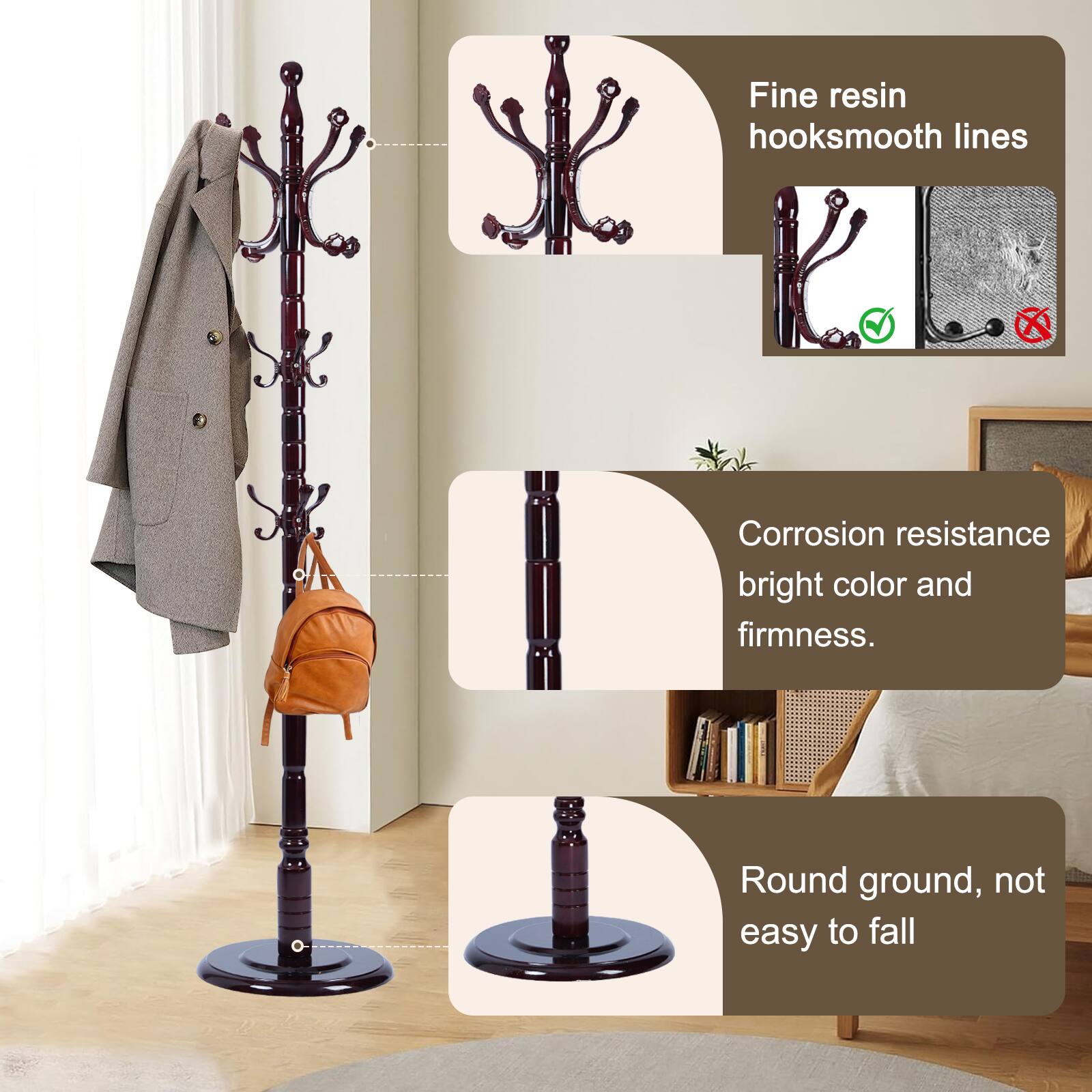 Alt View 3. Chateau Abodes - Solid Wood Coat Rack, Free Standing Hall Coat Tree with 14Hooks, 3 Height Options, 300lbs Load, Stury Base - Ruyi.
