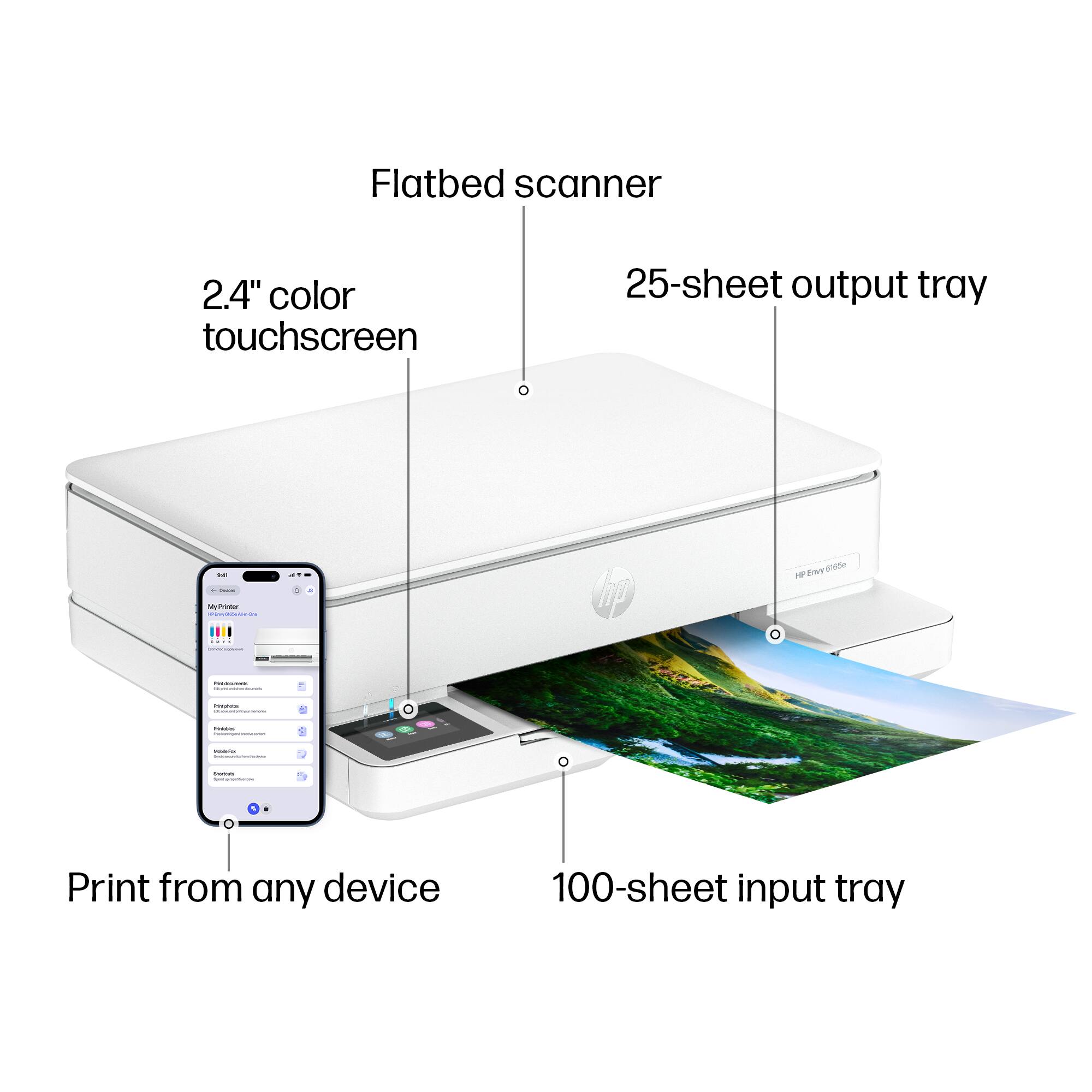 Flatbed scanner  
2.4" color touchscreen  
25-sheet output tray  
Print from any device  
100-sheet input tray