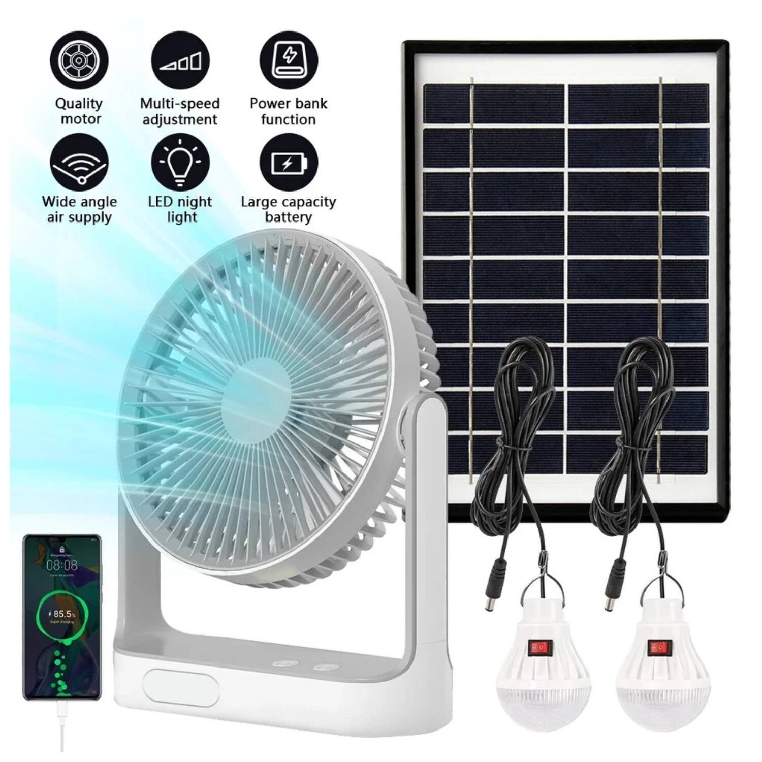 Quality motor  
Multi-speed adjustment  
Power bank function  
Wide angle air supply  
LED night light  
Large capacity battery  

08:08 - 85.5%