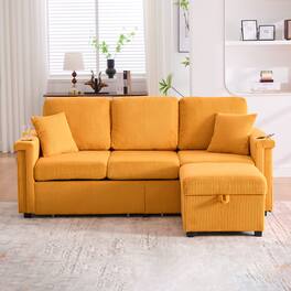 Trinkets Crazed - 76" L Shaped Sectional Couches with Storage Ottoman, 3 Seater Corduroy Sofa with 2 Drawers - Mustard Yellow