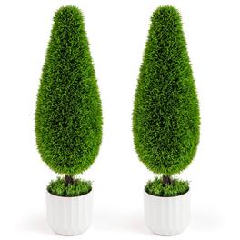 Costway - 2 Pack Artificial Cedar Plant 3 FT Potted Teardrop Shaped Bush with Premium PE Leaves - Green