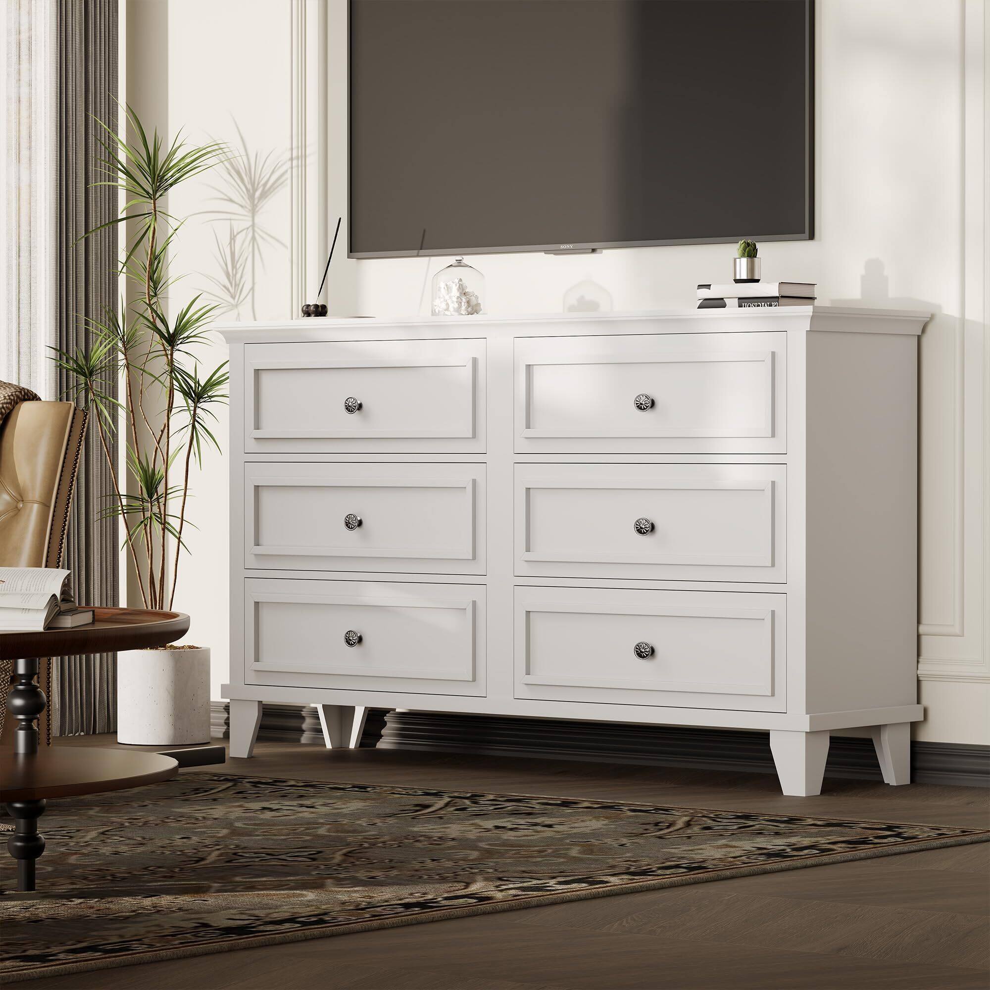 Acekool - Dresser for Bedroom, 6 Drawer Wide Dresser Storage Organizer, Modern Wooden Chest of Drawers - White