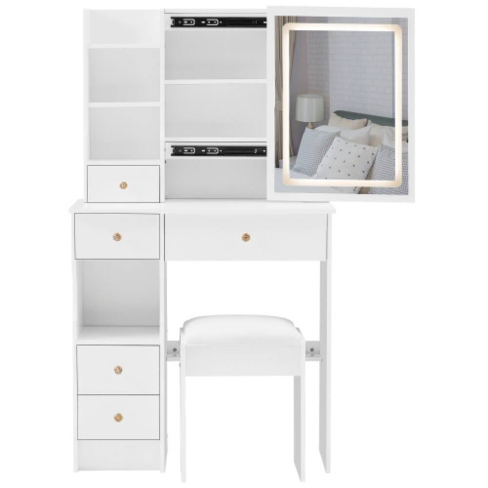 Alt View 4. LUCKY ONE - 29.2in Small Vanity Set with Sliding LED Mirror, Stool for Small Space - White.