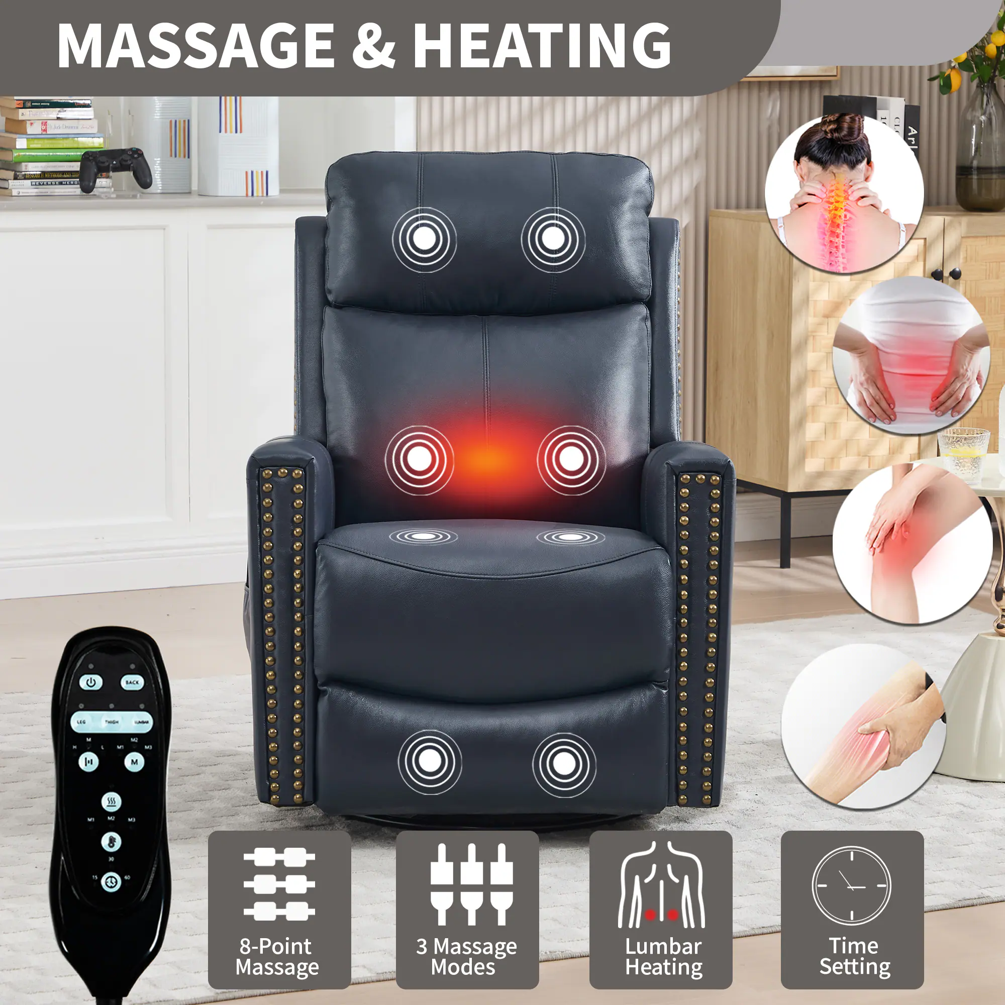 MASSAGE & HEATING

- 8-Point Massage
- 3 Massage Modes
- Lumbar Heating
- Time Setting