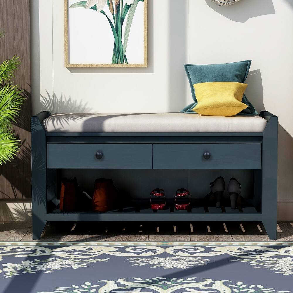 Alt View 2. Ropilly - Ropilly Antique Navy Entryway Storage Bench with Shoe Rack and Cushioned Seat, Pine Wood Hallway Bench - Antique Navy.