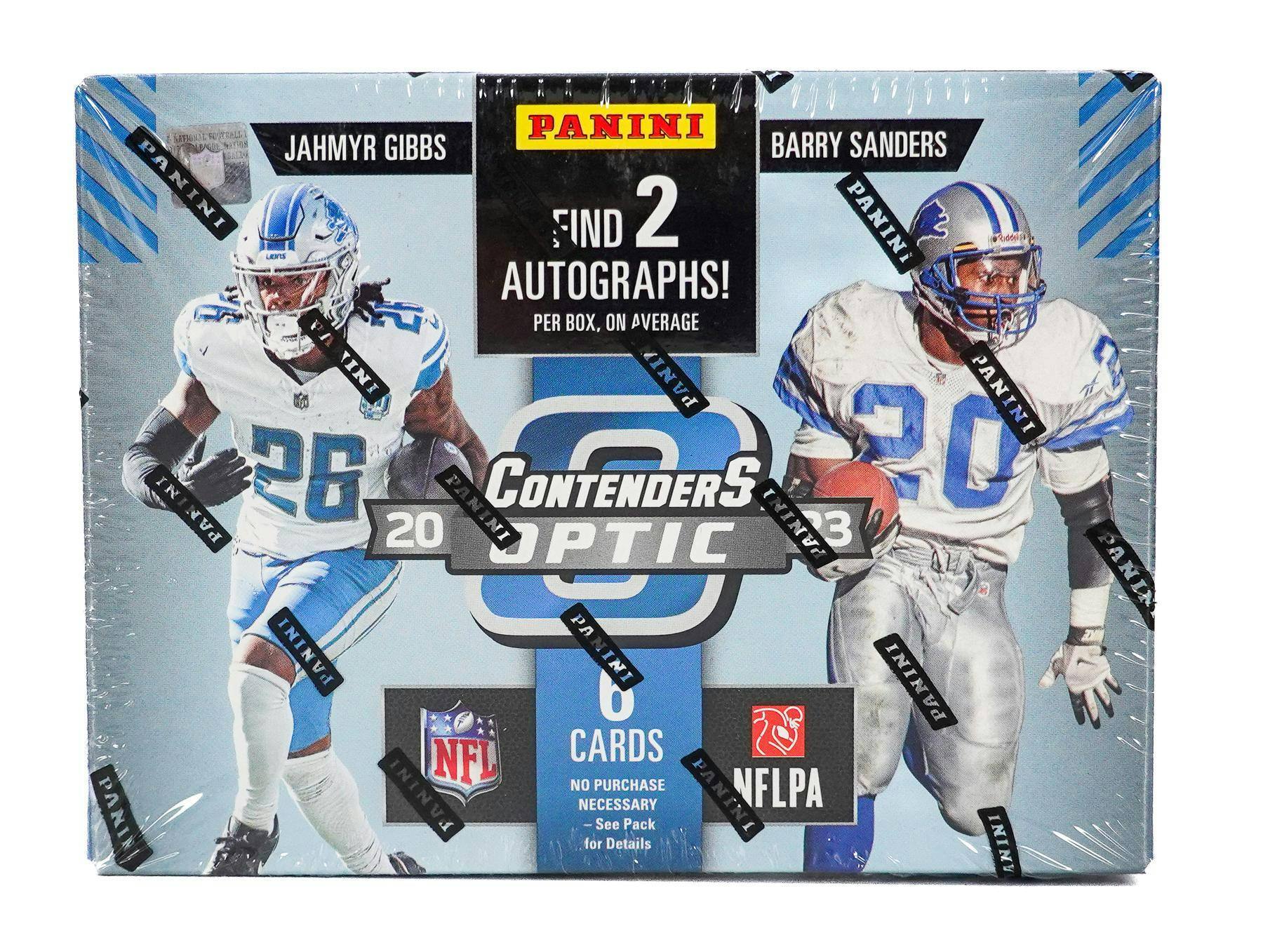 PANINI  
JAHMYR GIBBS  
BARRY SANDERS  

FIND 2 AUTOGRAPHS!  
PER BOX, ON AVERAGE  

PANINI CONTENDERS OPTIC  
20 CARDS  

NO PURCHASE NECESSARY - See Pack for Details  

NFL  
NFLPA