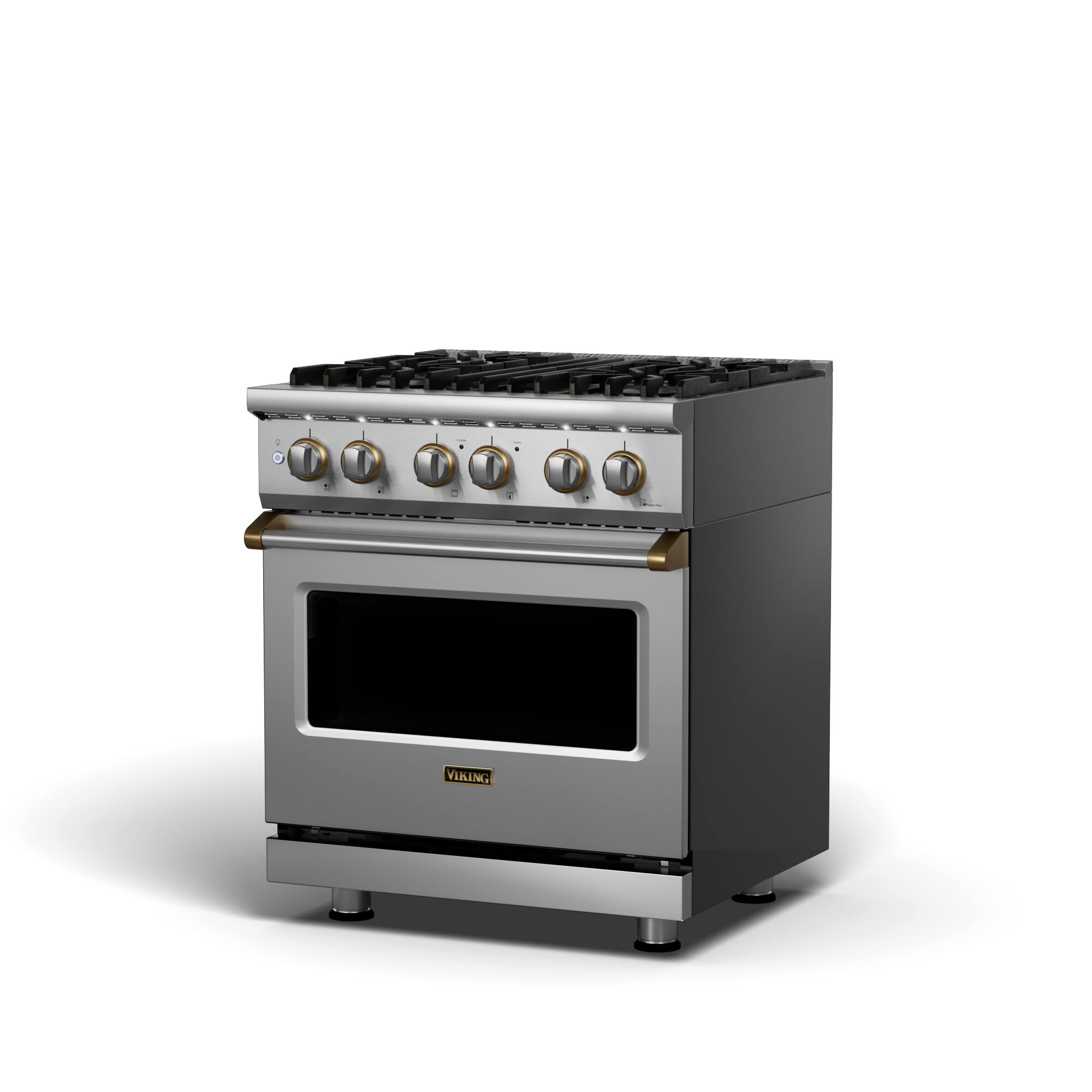Angle. Viking - 5-Series 4.7 Cu. Ft. Self-Cleaning Freestanding Dual Fuel Convection Range - Stainless with Brushed Brass Accents.