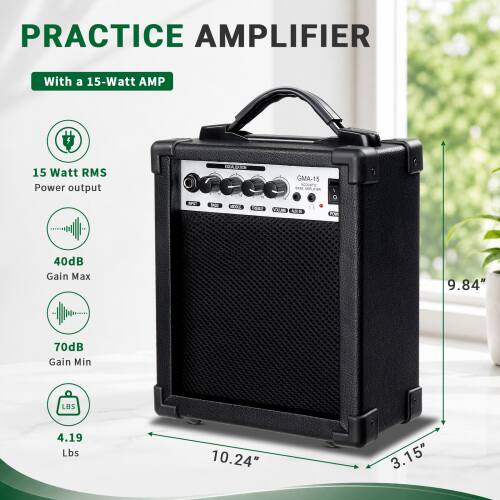 PRACTICE AMPLIFIER

With a 15-Watt AMP

15 Watt RMS Power output

DAME
GMA-15

DOUT

VALUMI
40dB Gain Max
9.84"
70dB Gain Min
LBS
4.19 Lbs
10.24"
3.15"