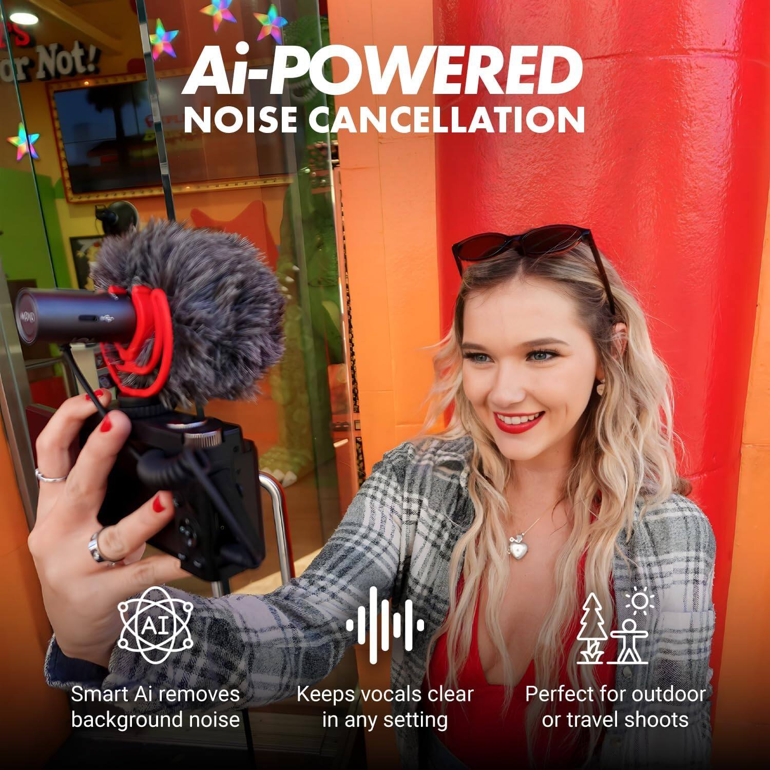 AI-POWERED NOISE CANCELLATION

Smart AI removes background noise  
Keeps vocals clear in any setting  
Perfect for outdoor or travel shoots