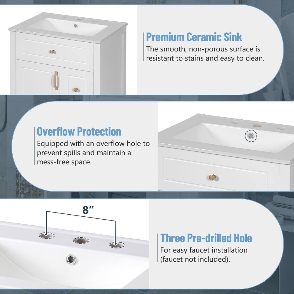 Premium Ceramic Sink  
The smooth, non-porous surface is resistant to stains and easy to clean.

Overflow Protection  
Equipped with an overflow hole to prevent spills and maintain a mess-free space.

8"  
Three Pre-drilled Hole  
For easy faucet installation (faucet not included).