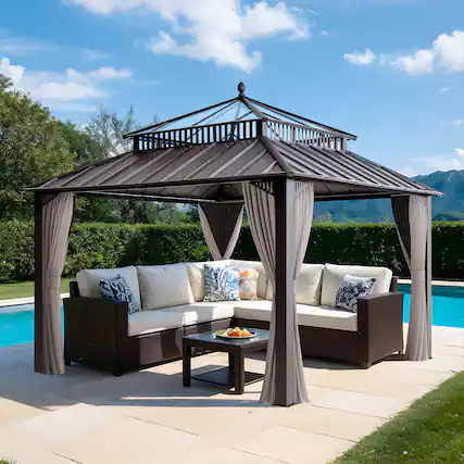 Front. SUNJOY - SUNJOY Kingston 12x12 Gazebo, Steel & PC Roof Hardtop Gazebo with Curtain and Netting - Brown Aluminum Posts - Brown.