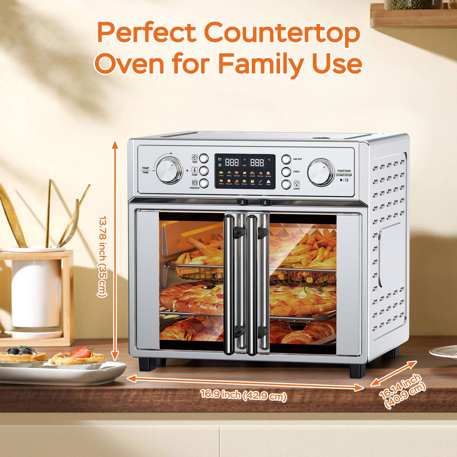 Perfect Countertop Oven for Family Use

- 13.78 inch (35 cm)
- 16.9 inch (42.9 cm)
- 16.14 inch (40.9 cm)