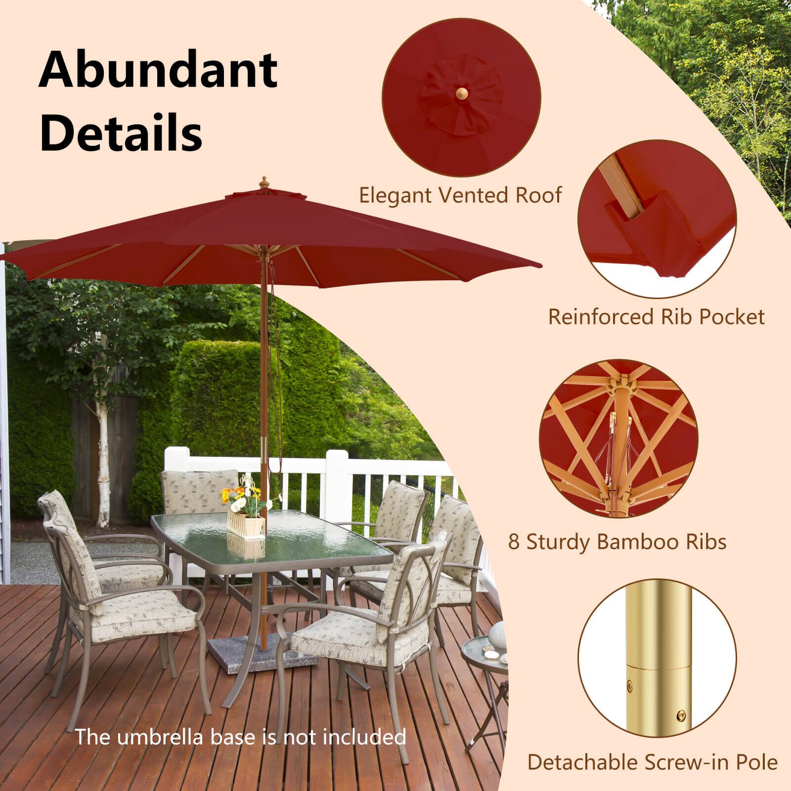 Abundant Details

Elegant Vented Roof
Reinforced Rib Pocket
8 Sturdy Bamboo Ribs
Detachable Screw-in Pole
The umbrella base is not included
