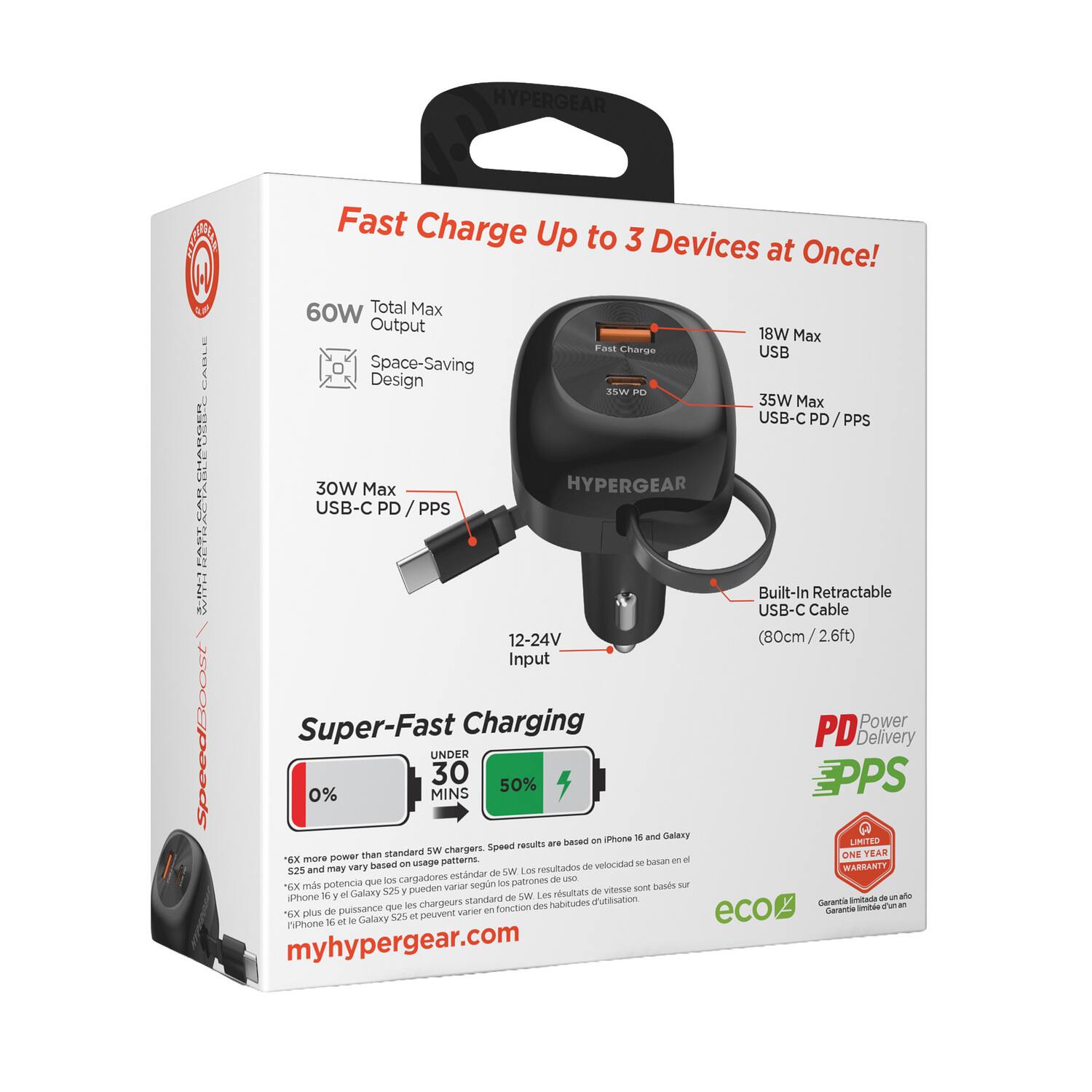 HYPERGEAR Fast Charge Up to 3 Devices at Once!  
60W Total Max Output  
18W Max USB  
35W Max USB-C PD / PPS  
30W Max USB-C PD / PPS  
Space-Saving Design  
Built-In Retractable USB-C Cable (80cm / 2.6ft)  
12-24V Input  
Super-Fast Charging  
UNDER 30 MINS 50%  
PD Delivery  
EPPS  
SpeedBoost  
eco+  

6X more power than standard 5V chargers. Speed results are based on iPhone 16 and Galaxy S25+. Results may vary based on usage patterns.  
iPhone 16 and Galaxy S25+ may vary in function.  

LIMITED WARRANTY 1 Year  

myhypergear.com