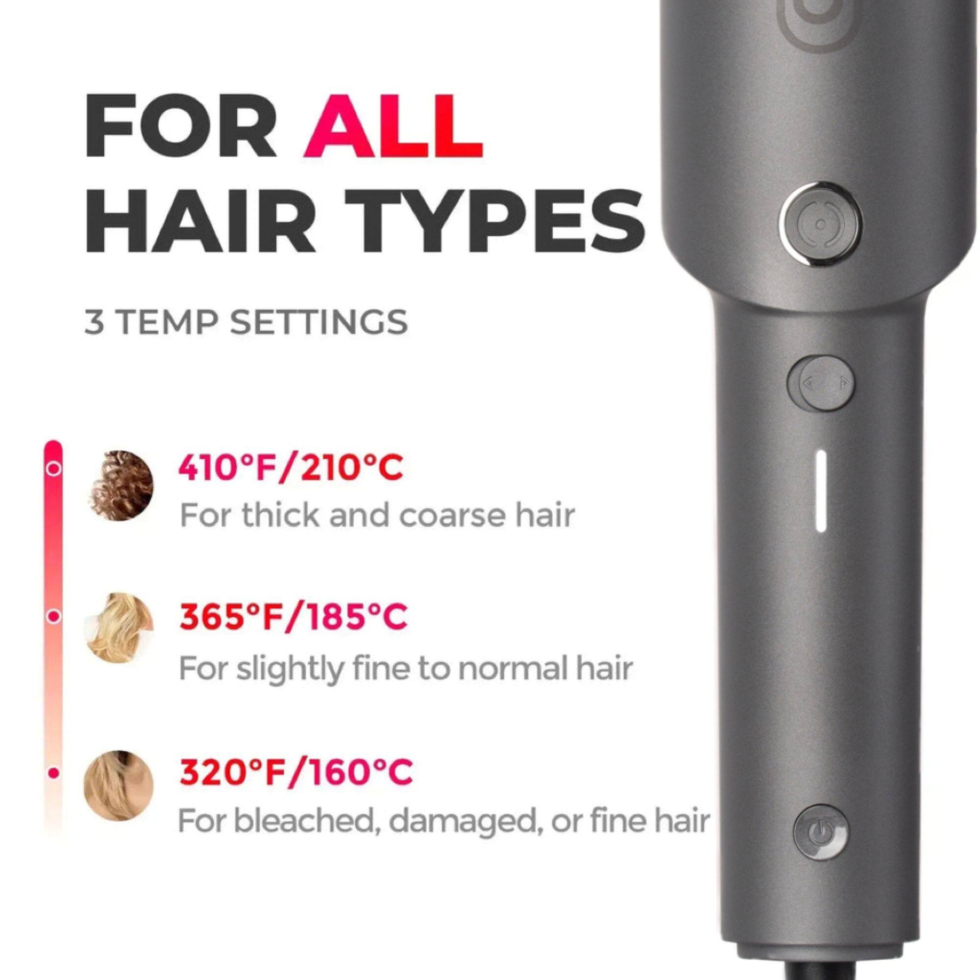 FOR ALL HAIR TYPES

3 TEMP SETTINGS

410°F/210°C
For thick and coarse hair

365°F/185°C
For slightly fine to normal hair

320°F/160°C
For bleached, damaged, or fine hair