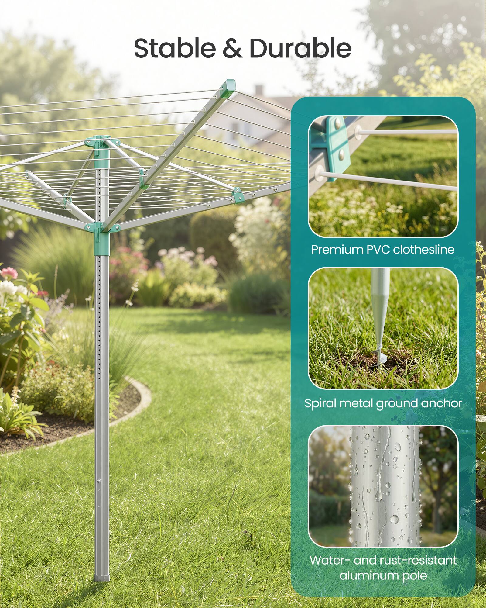 Stable & Durable

Premium PVC clothesline

Spiral metal ground anchor

Water- and rust-resistant aluminum pole