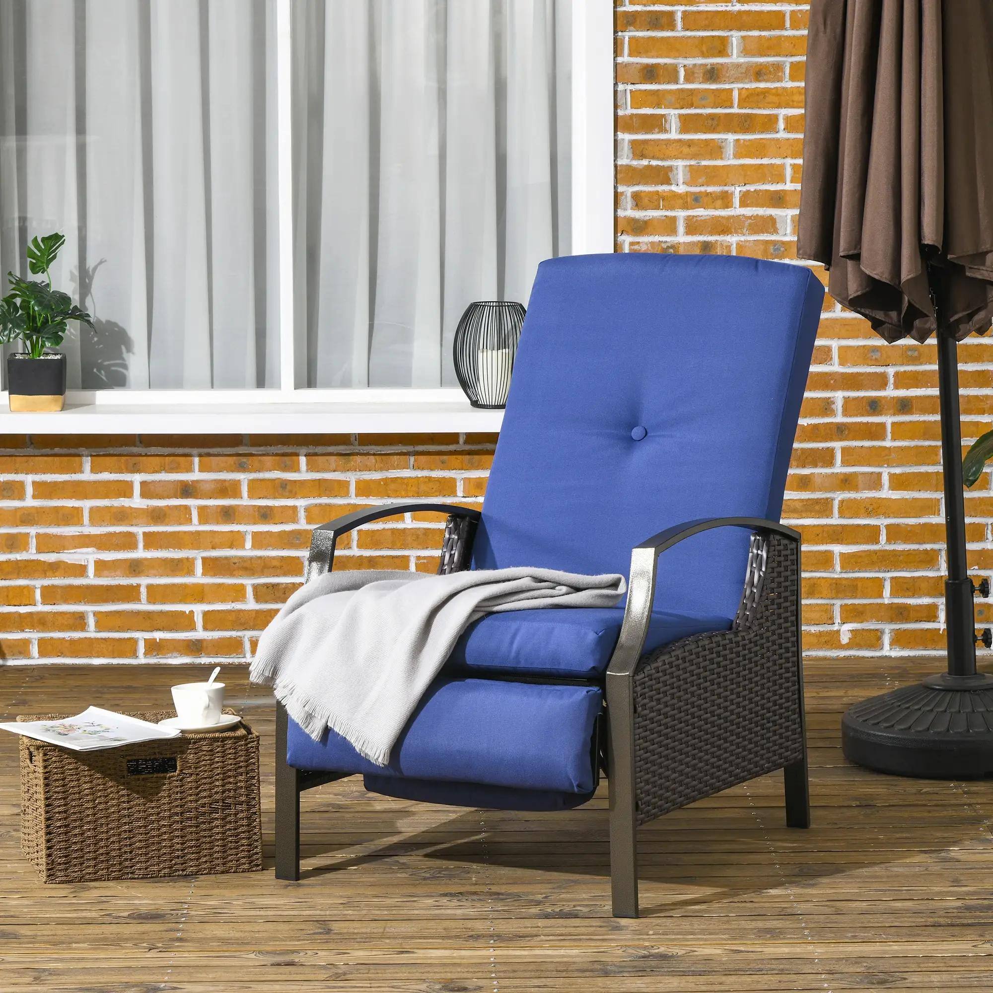 Left. Resenkos - Resenkos Outdoor Rattan Recliner Chic Set With Cushions & Footrests, Wicker Lounge Chair With Armrests, Dark Blue - Dark Blue.