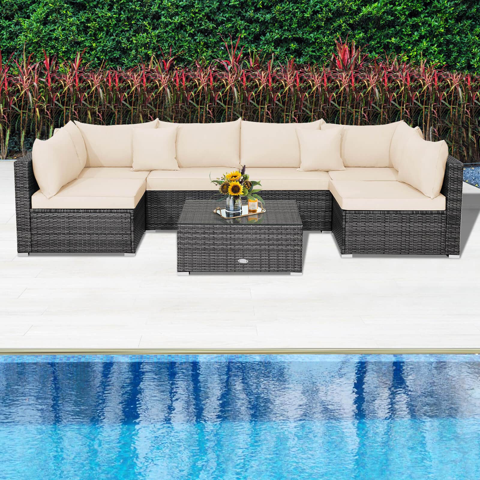Alt View 1. Costway - 7PCS Patio Rattan Furniture Set Sectional Sofa Cushioned Garden - Mix Gray,Brown.