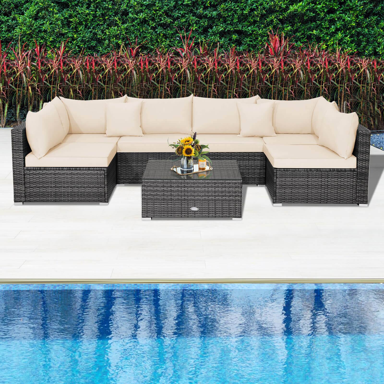 Alt View 1. Costway - 7PCS Patio Rattan Furniture Set Sectional Sofa Cushioned Garden - Mix Gray,Brown.