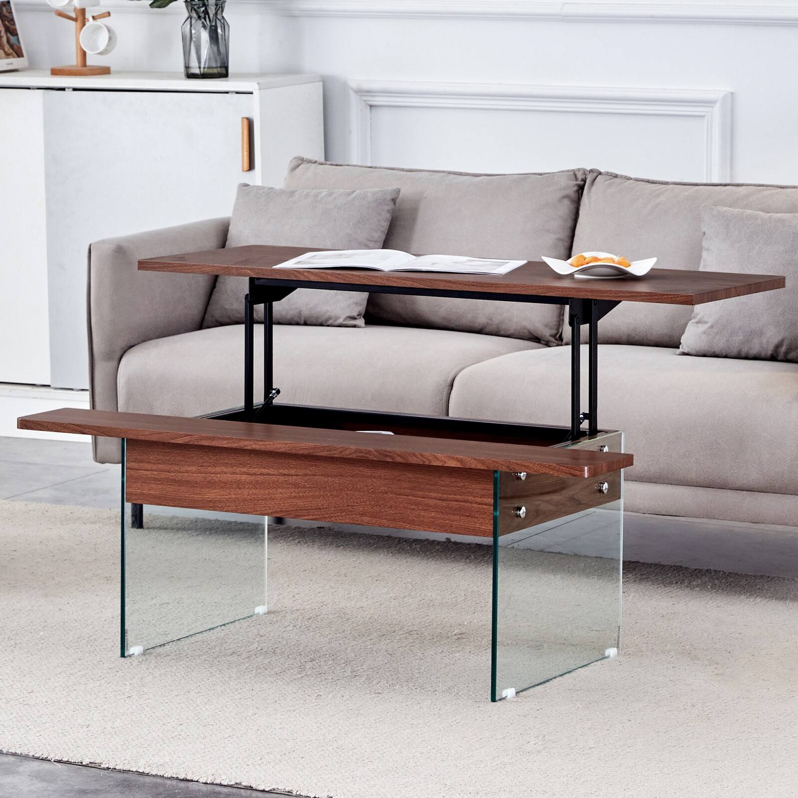 Alt View 9. Ecooso - Multifunctional Lift Top Coffee Table -Light Wood Color Grain Sticker, Tempered Glass Legs,Lift Top Feature. - Wood.