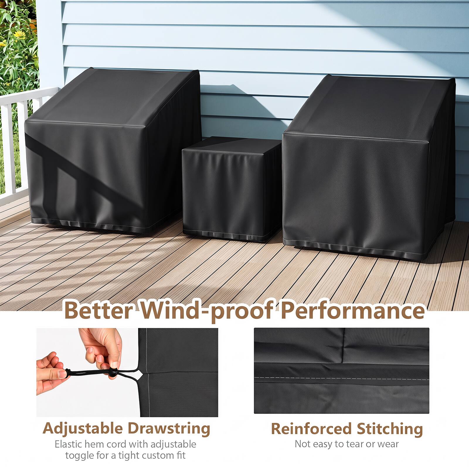 Better Wind-proof Performance

Adjustable Drawstring
Elastic hem cord with adjustable toggle for a tight custom fit

Reinforced Stitching
Not easy to tear or wear