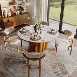 POVISON - Modern 47" Round Dining Table for 4 Sintered Stone Walnut Finish for Small Spaces, Breakfast Nooks & Apartments - White