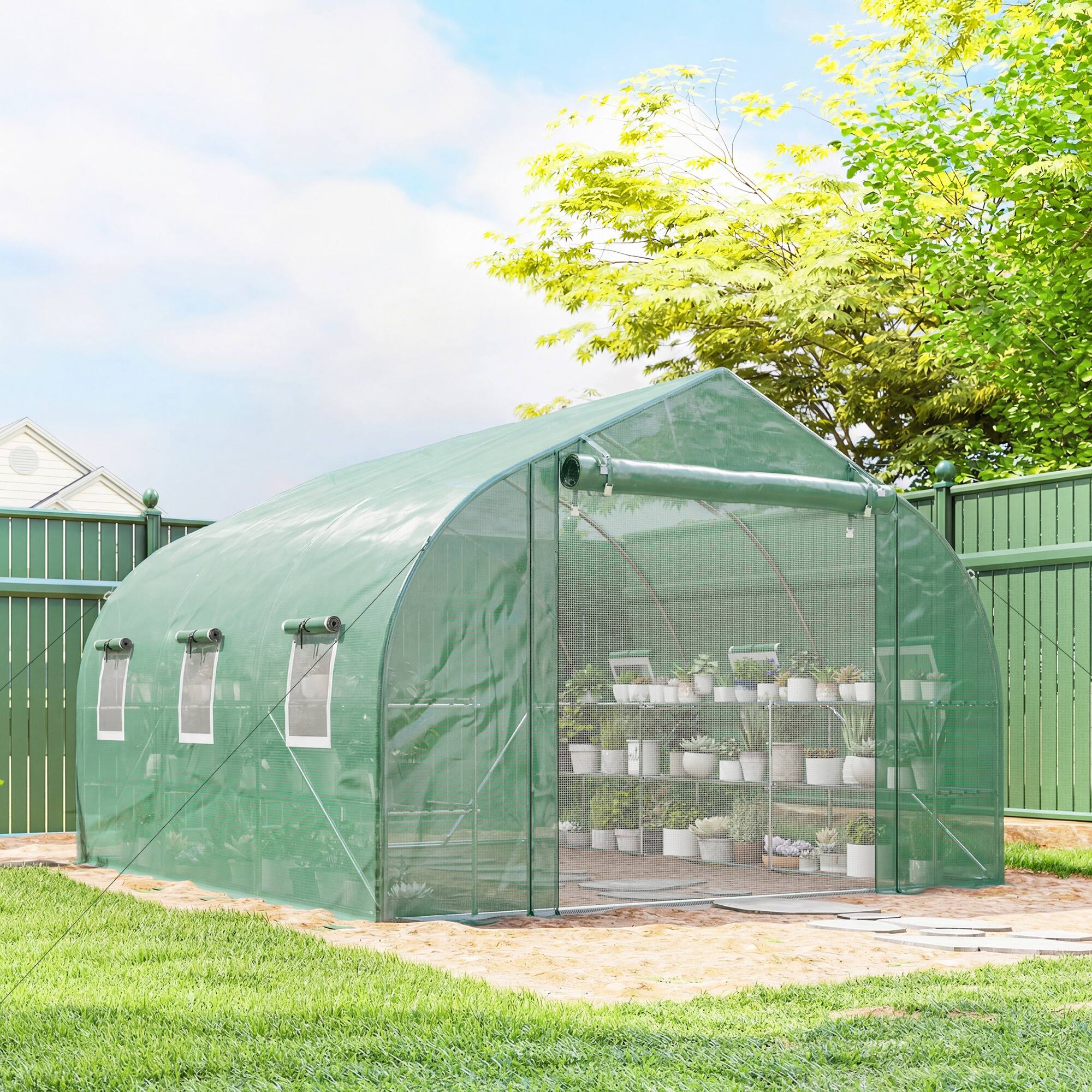 Alt View 1. Outsunny - Walk-in Tunnel Greenhouse with Shelves, Mesh Door and Windows - Green.