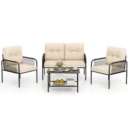 Costway - 4 PCS Patio Furniture Set with Loveseat Tempered Glass Coffee Table & Soft Cushions - Beige