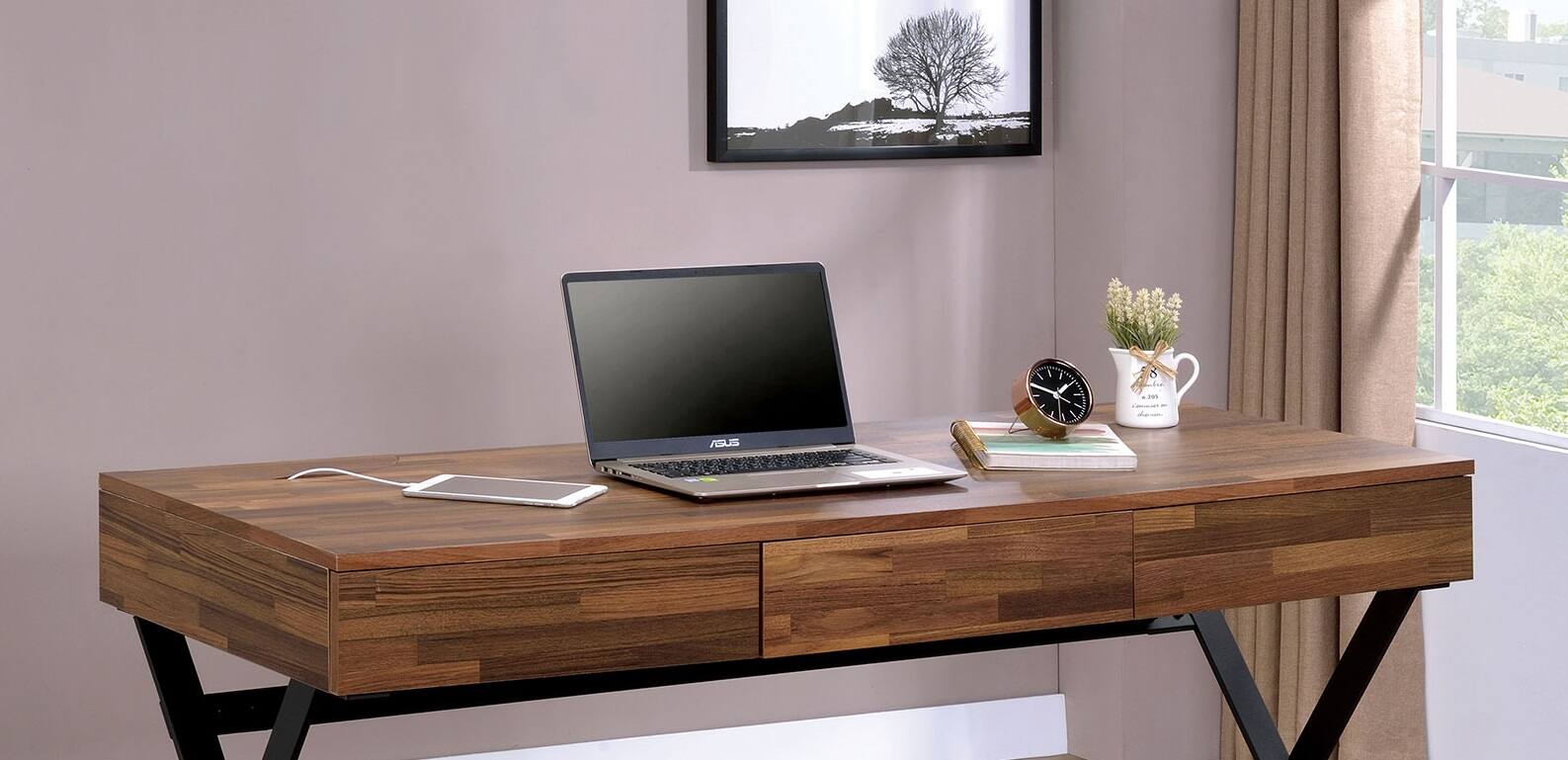 Alt View 2. APRILSOUL - Industrial Computer Desk With Three Storage Drawers USB And Power Outlet X-Cross Legs Black - Black.