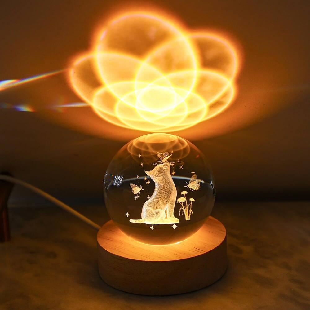 Angle. Schertz - 2.3" Engraved Cat Crystal Ball Night Light – Memorial Gift for Cat Lovers.