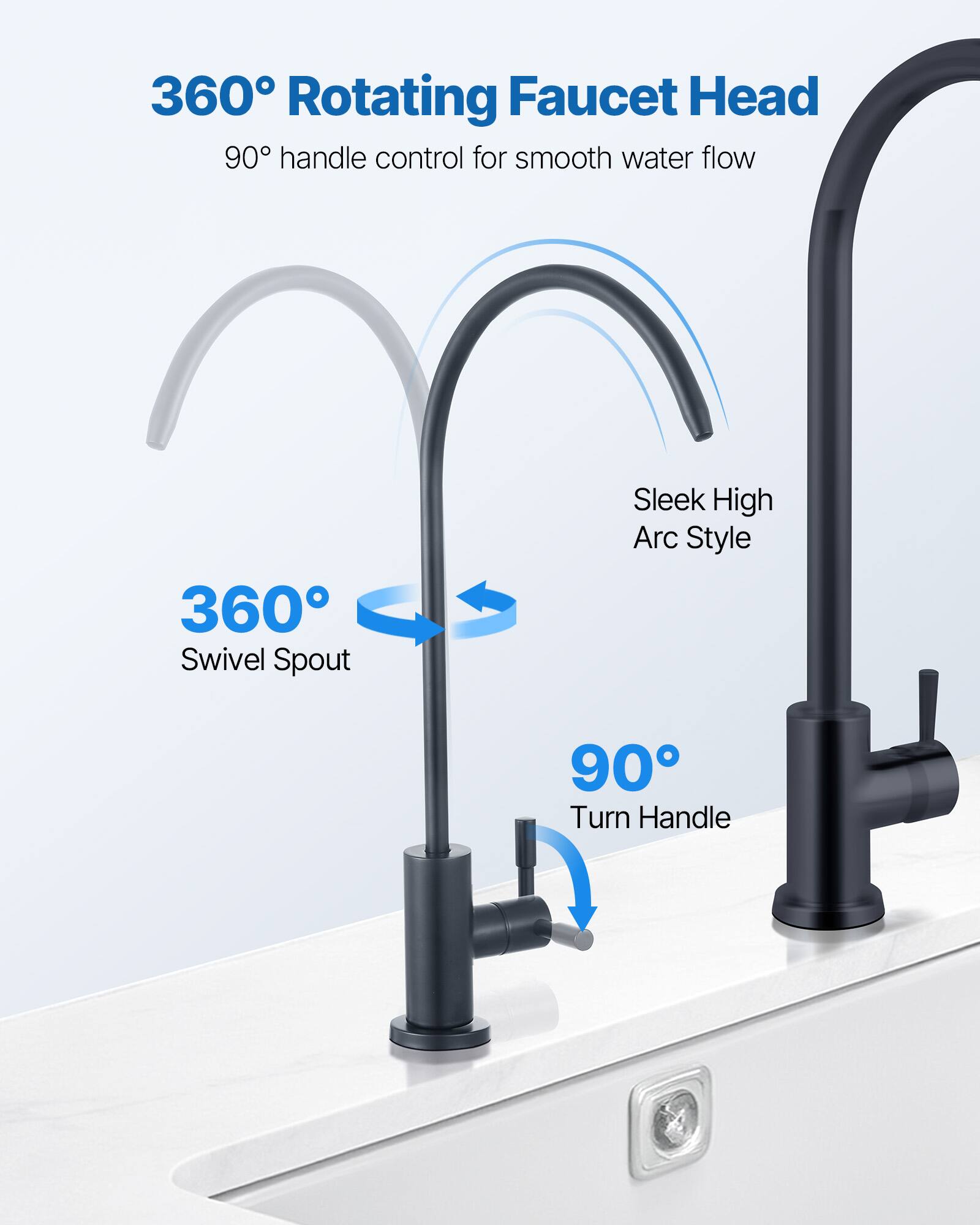 360° Rotating Faucet Head  
90° handle control for smooth water flow  

360° Swivel Spout  

Sleek High Arc Style  

90° Turn Handle
