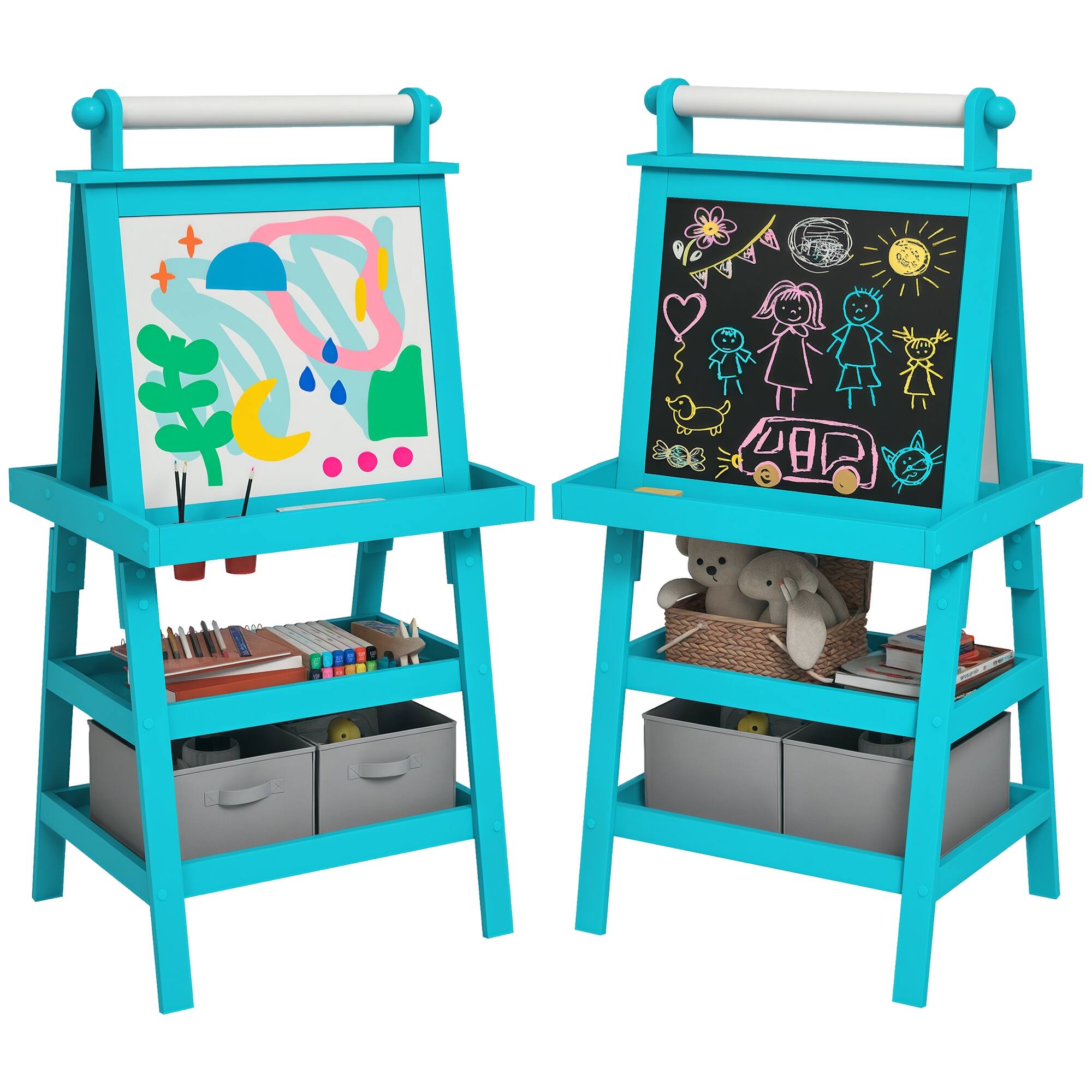 Front. Qaba - Easel for Kids, Double Sided Art Easel with Paper Roll, Magnetic Whiteboard, Chalkboard, Storage, Standing Toddler Easel.
